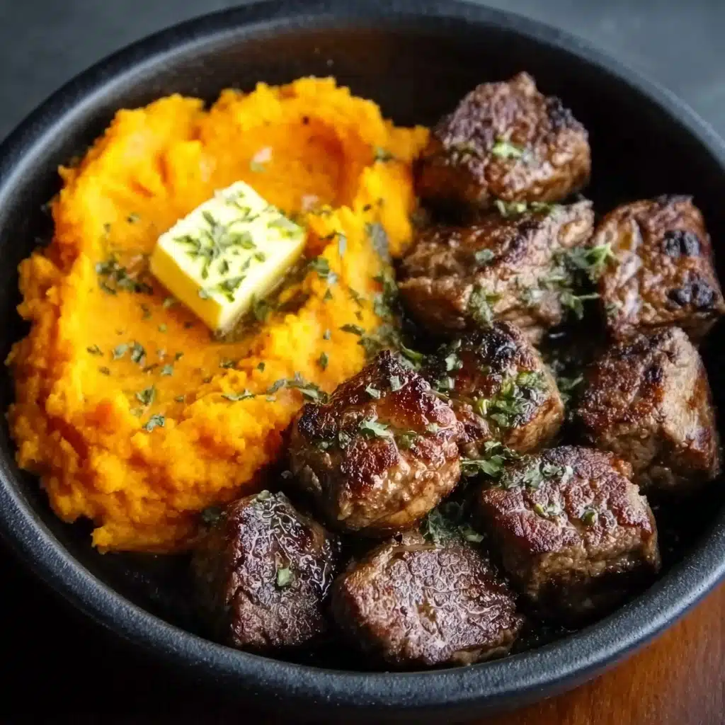 Garlic Butter Steak Bites with Sweet Potato Mash Recipe - Recipe Image
