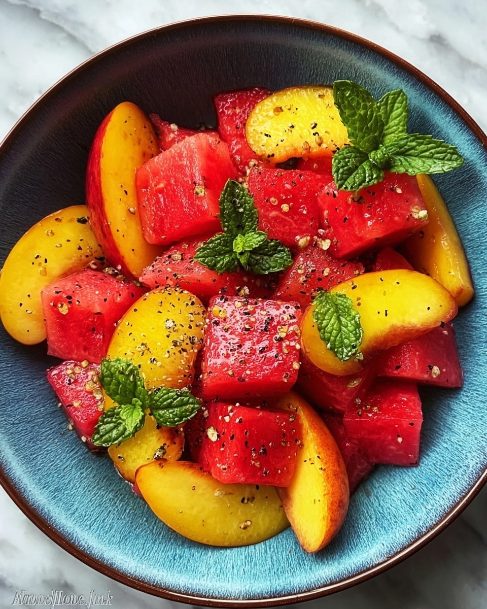 A blue bowl filled with large pieces of red watermelon and bright yellow peach slices mixed together, topped with small green mint leaves and sprinkled with black pepper, all resting on a white marbled surface, photo taken with an iphone --ar 4:5 --v 7