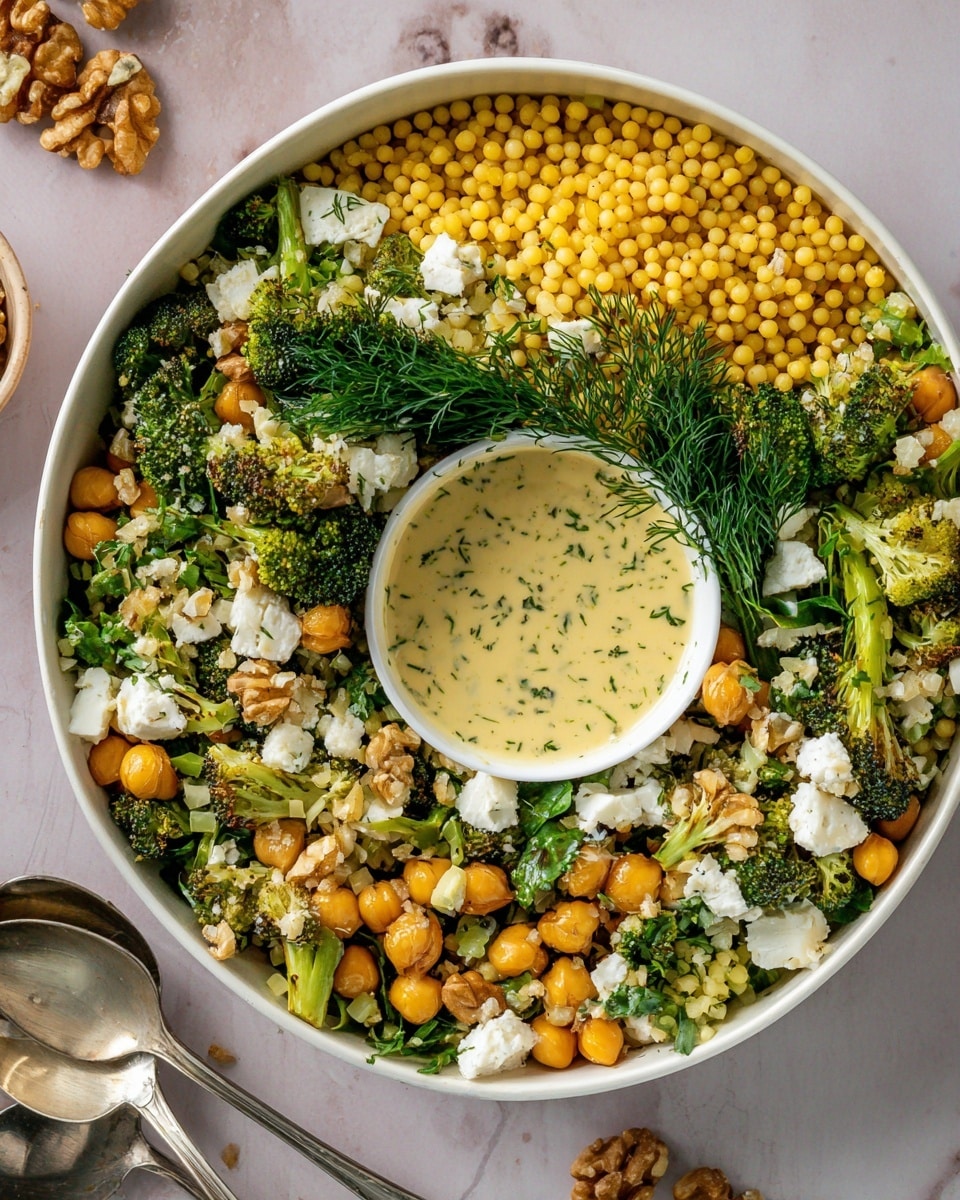A large white bowl holds a colorful salad with several layers visible from the top. The base layer consists of small yellow couscous pearls scattered evenly across the bowl, mixed with chunks of green roasted broccoli. Fresh green herbs, such as parsley and dill, are generously placed around the center. Crumbled white cheese is scattered in small clusters, and golden brown walnut pieces are dotted throughout the salad. Chickpeas add a soft cream color and round texture. In the middle of the bowl, there is a smaller white bowl filled with creamy yellow dressing speckled with herbs. Two vintage silver spoons rest together on the side of the bowl. The entire bowl is set on a white marbled surface with some walnuts placed nearby. Photo taken with an iphone --ar 4:5 --v 7