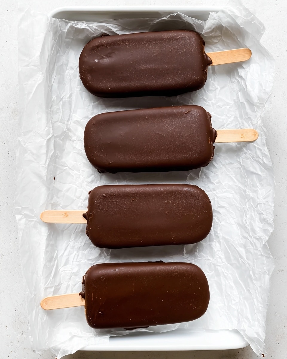 The image shows three chocolate-covered ice cream bars lying on white parchment paper over a white marbled surface. Each bar has a smooth, glossy dark brown chocolate coating with a wooden stick at the top end. One ice cream bar in the front has a bite taken out of one corner, revealing a rich, creamy dark chocolate inside. The bars are evenly spaced and have soft rounded edges, with the chocolate coating slightly thicker at the base. The background is softly lit, emphasizing the creamy texture of the inside and the shiny exterior. photo taken with an iphone --ar 4:5 --v 7