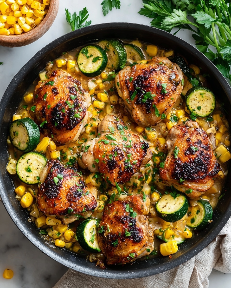 The image shows a pan filled with five pieces of golden-brown grilled chicken arranged in the center over a bed of cooked vegetables. The vegetables include bright yellow corn kernels and sliced green zucchini rounds scattered evenly around and under the chicken. There are also small chunks of orange carrots mixed in. The chicken pieces have a slight char on top with fresh chopped green herbs sprinkled over all the layers. The liquid sauce at the bottom adds a glossy texture, pooling gently around the chicken and vegetables. The pan sits on a white marbled surface. photo taken with an iphone --ar 4:5 --v 7