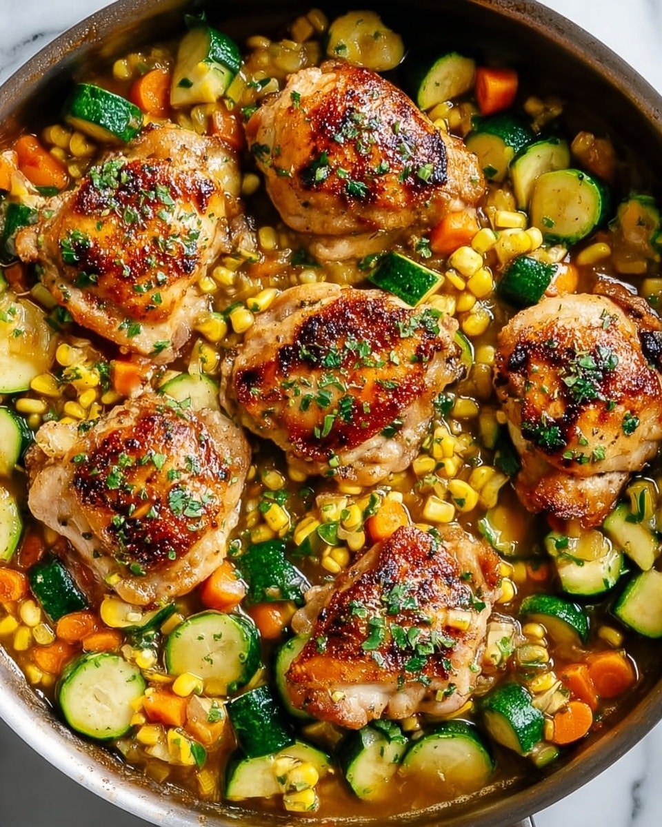 A close-up of a black pan filled with five golden-brown grilled chicken thighs arranged in the center, each piece showing crisp, charred spots and sprinkled with fresh green parsley. Surrounding the chicken are layers of sautéed bright yellow corn kernels and round slices of green zucchini with soft, cooked textures. The pan sits on a white marbled surface with scattered parsley leaves nearby and a bowl of yellow corn in the upper left corner. The overall scene shows a warm, colorful mix of roasted vegetables and juicy chicken, with a light glossy sauce pooling at the bottom. Photo taken with an iphone --ar 4:5 --v 7