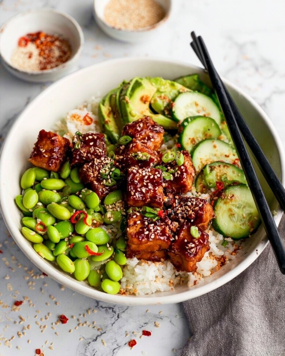 A white bowl with a base layer of white rice topped with bright green edamame beans scattered across, next to slices of fresh avocado with smooth, pale green flesh arranged in a row. On top, there are dark brown, caramelized cubes of tofu glazed with sauce, giving a shiny texture, sprinkled with sesame seeds and tiny red chili flakes. Round slices of cucumber with light green skin and pale interior are positioned near the avocado. Black chopsticks rest on the edge of the bowl. The background shows small white bowls with sesame seeds and chili flakes on a white marbled surface. photo taken with an iphone --ar 4:5 --v 7