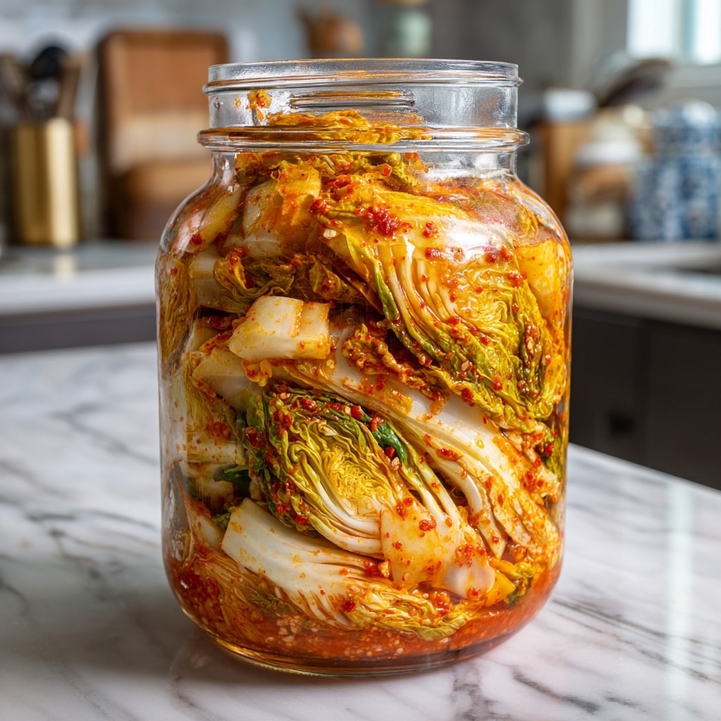 A clear glass jar filled with layers of napa cabbage covered in bright red-orange spicy paste. The cabbage leaves inside the jar show white, smooth stalks and wrinkly textured inner leaves stained with the sauce. The jar sits on a white marbled surface with a blurry kitchen background showing soft white and grey tones. photo taken with an iphone --ar 4:5 --v 7