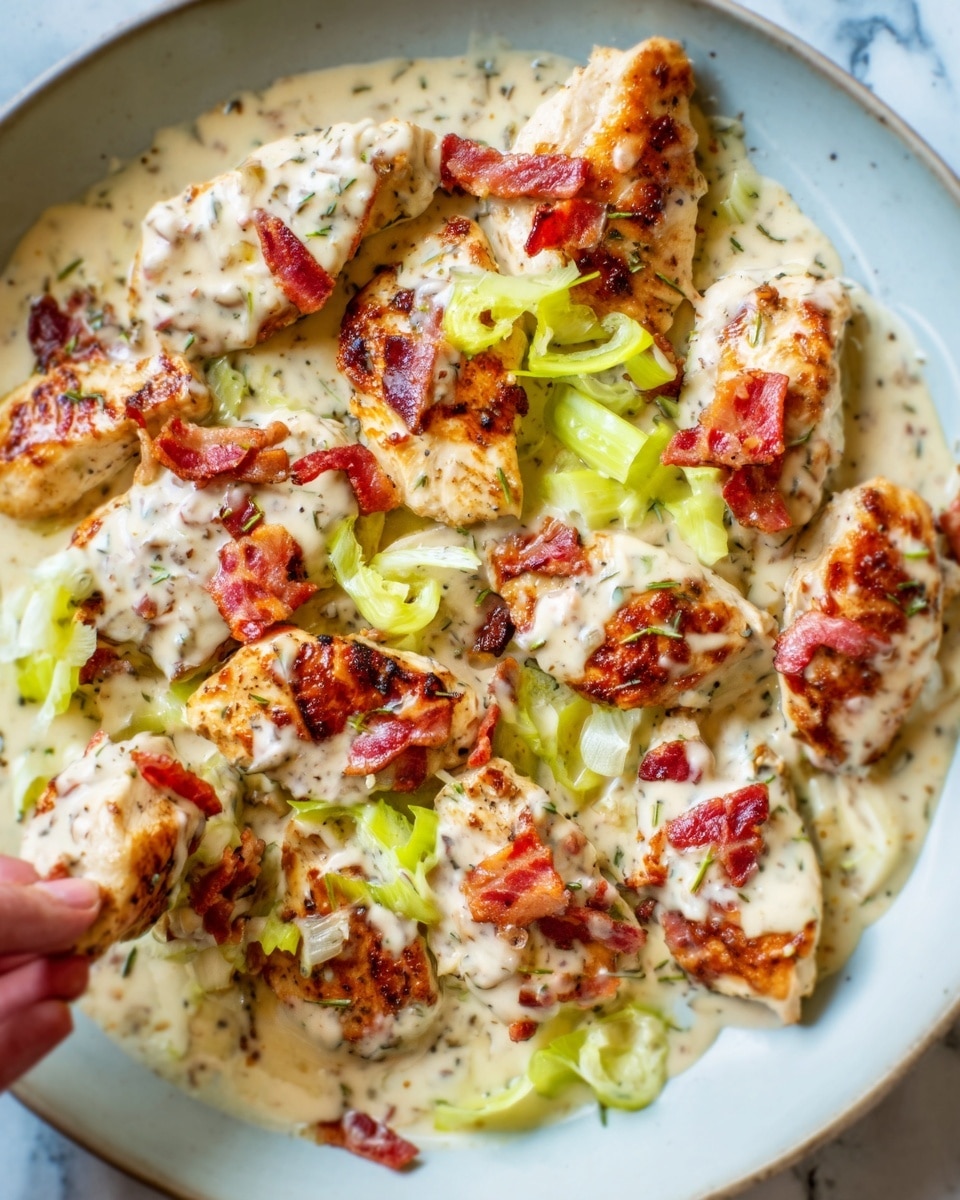 A white plate holds a creamy sauce covered with golden-brown grilled chicken pieces topped with crispy reddish-brown bacon bits and light green celery slices, all coated in a smooth light-beige sauce with small herb specks. A woman's hand is reaching from the corner to touch one of the chicken pieces. The background is a white marbled texture. photo taken with an iphone --ar 4:5 --v 7