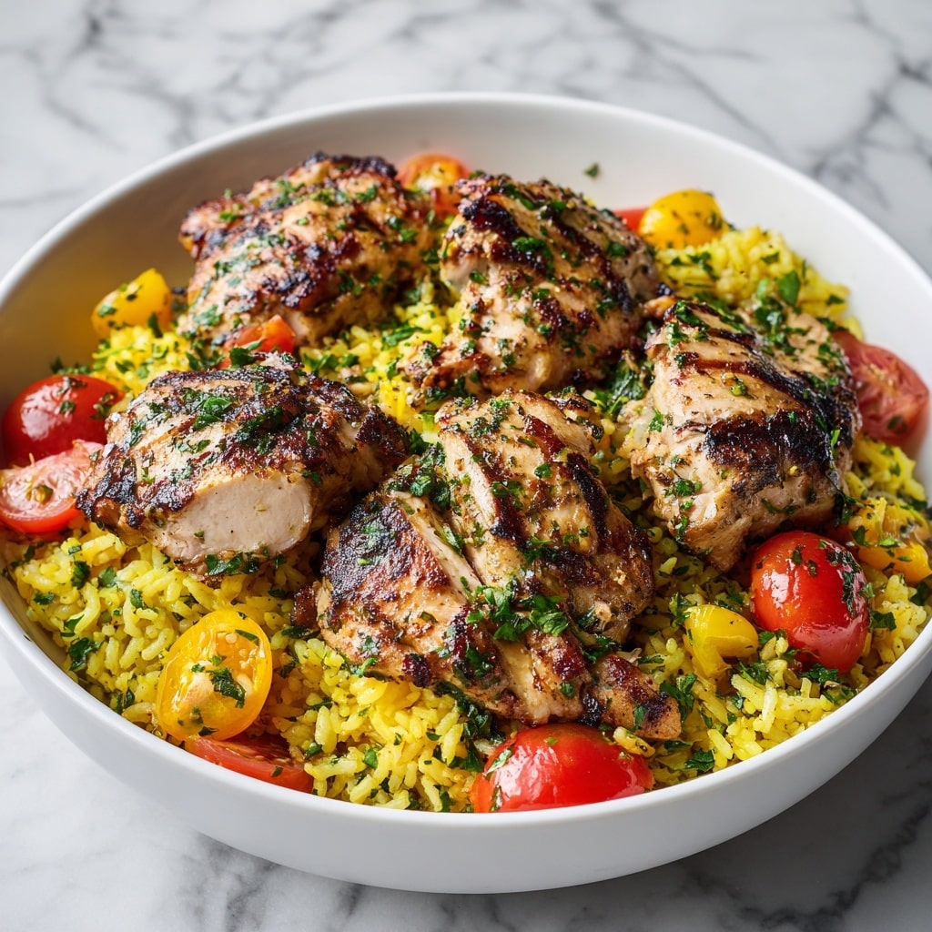 A deep dark bowl filled with a base layer of yellow seasoned rice mixed with small pieces of green herbs and bits of red and yellow vegetables. On top, four roasted chicken legs with golden brown, crispy skin and black grill marks are placed evenly. Small white dollops of creamy sauce sit between the chicken pieces, sprinkled with fresh chopped green herbs. The bowl rests on a white marbled surface with a blurred light brown bottle visible in the background. photo taken with an iphone --ar 4:5 --v 7