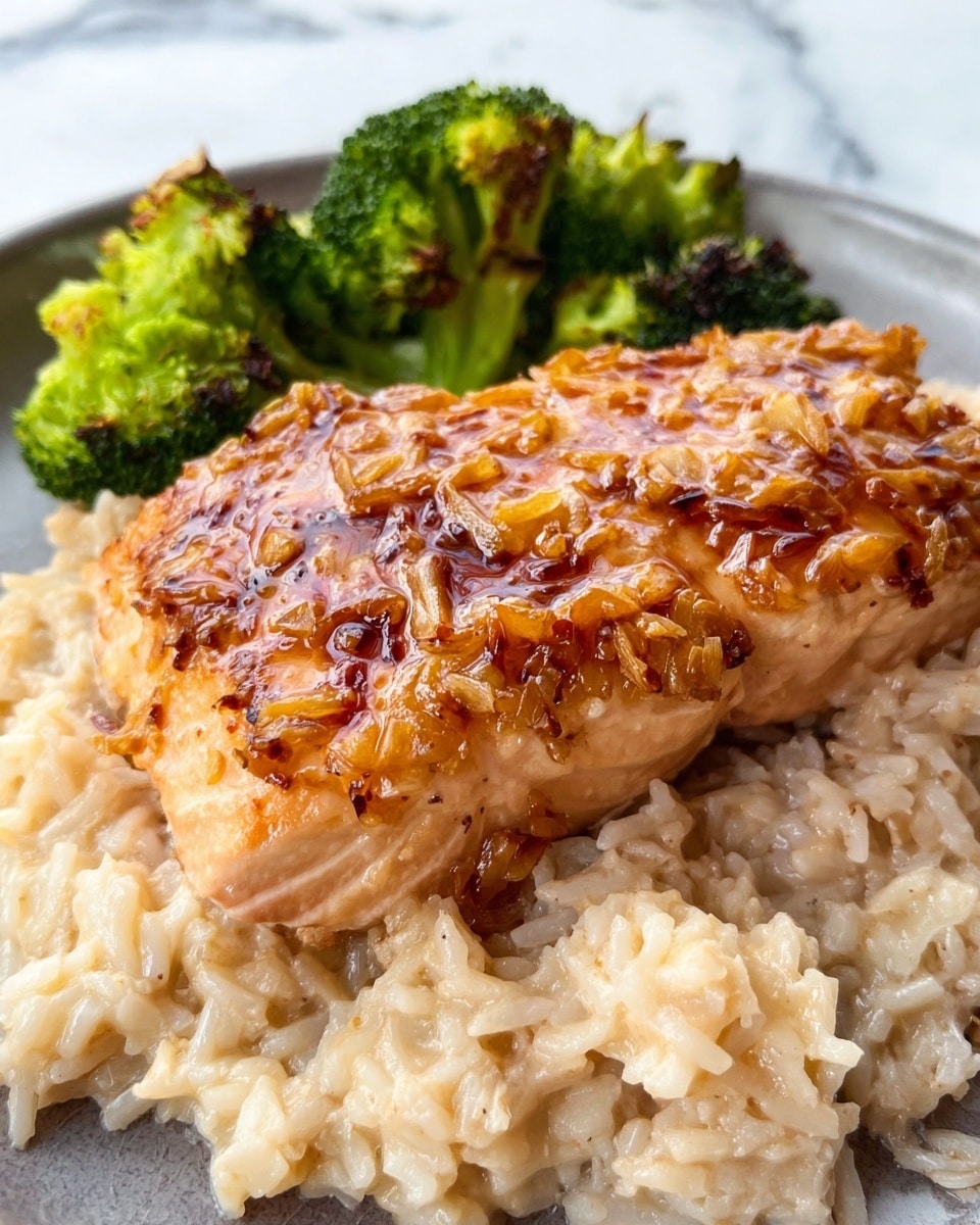 A close-up image showing a white plate with three main layers: at the bottom is a creamy, slightly textured rice layer in light beige, appearing soft and moist; on top lies a large piece of glazed salmon with a shiny, caramelized surface covered in small golden-brown bits, giving it a textured look; behind the salmon, there is a small pile of cooked broccoli florets, bright green with some darker roasted edges. The plate is set on a white marbled textured surface. Photo taken with an iphone --ar 4:5 --v 7
