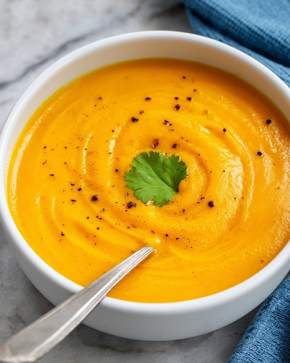 A white bowl filled with smooth, thick, bright orange soup, gently swirled on top. The surface of the soup is sprinkled with small dots of black pepper and a single green cilantro leaf sits in the middle as garnish. A silver spoon is placed inside the bowl, partially submerged in the soup. The bowl rests on a white marbled surface with a blue cloth partially visible in the background. photo taken with an iphone --ar 4:5 --v 7