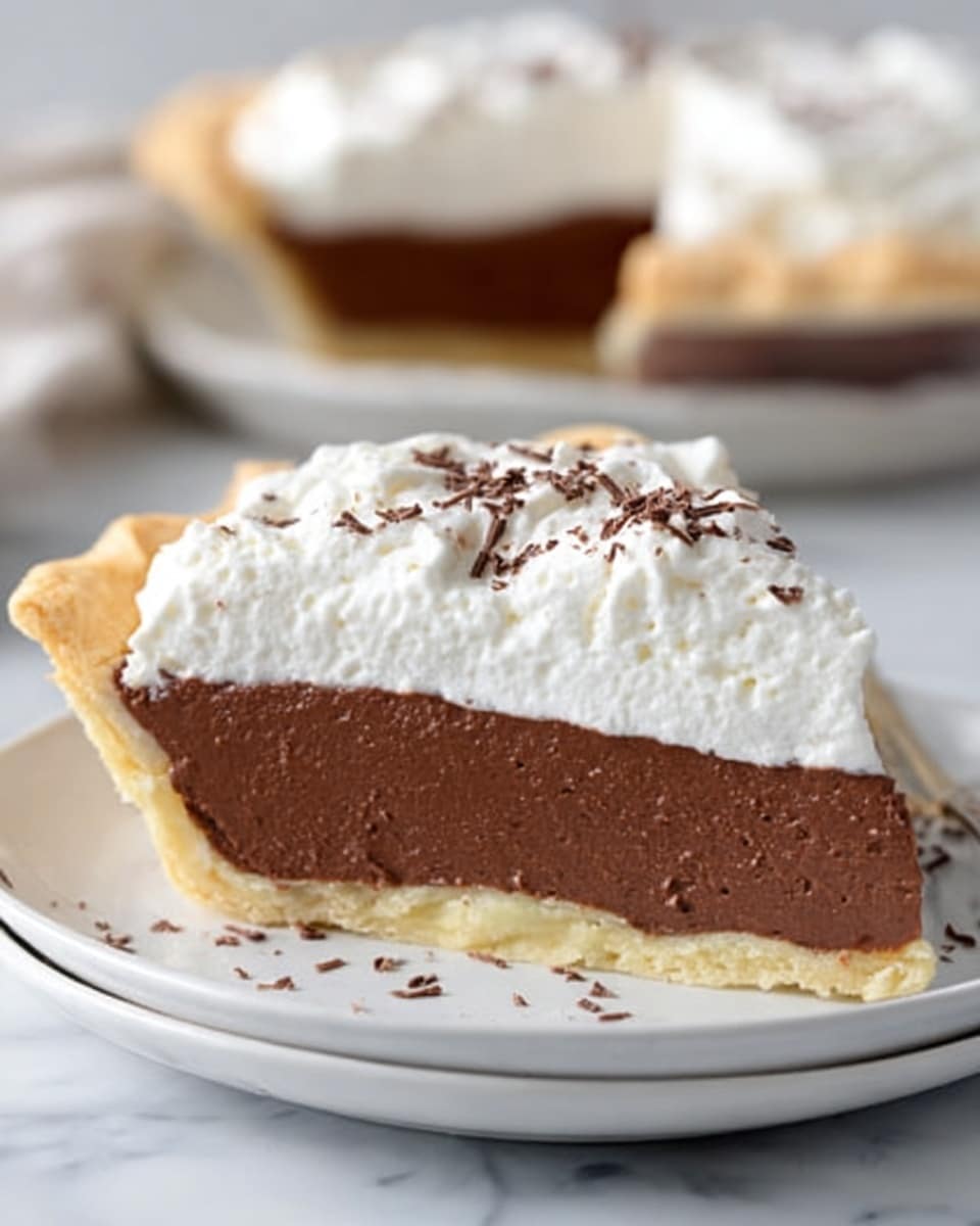 The image shows a slice of chocolate cream pie on a white plate set on a white marbled surface. The slice has three clear layers: a light golden crust at the bottom, a thick, smooth, deep brown chocolate filling in the middle, and a fluffy white whipped cream topping with small chocolate shavings sprinkled on top. The texture of the crust looks crumbly, while the filling is glossy and rich-looking. The whipped cream is soft and slightly peaks in shape. In the background, another slice of the same pie is slightly out of focus. Photo taken with an iphone --ar 4:5 --v 7