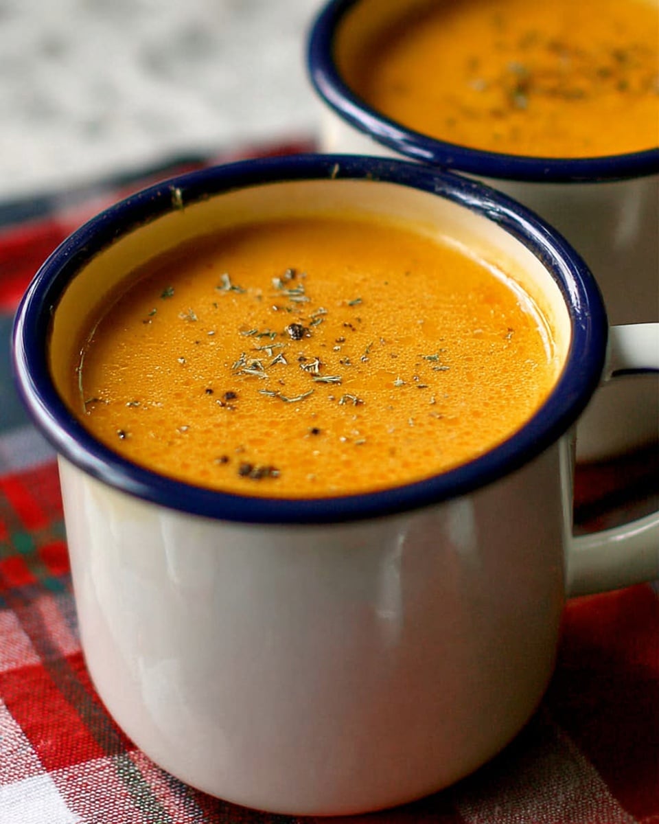 A close-up view of two white mugs with blue rims filled with a smooth, creamy orange soup. The soup surface is slightly glossy with small black pepper specks and tiny bits of herbs sprinkled on top. The mugs are resting on a colorful checkered cloth placed on a white marbled texture. The foreground mug is in sharp focus with the second mug slightly blurred behind it, showing the rich texture and warm color of the soup. photo taken with an iphone --ar 4:5 --v 7