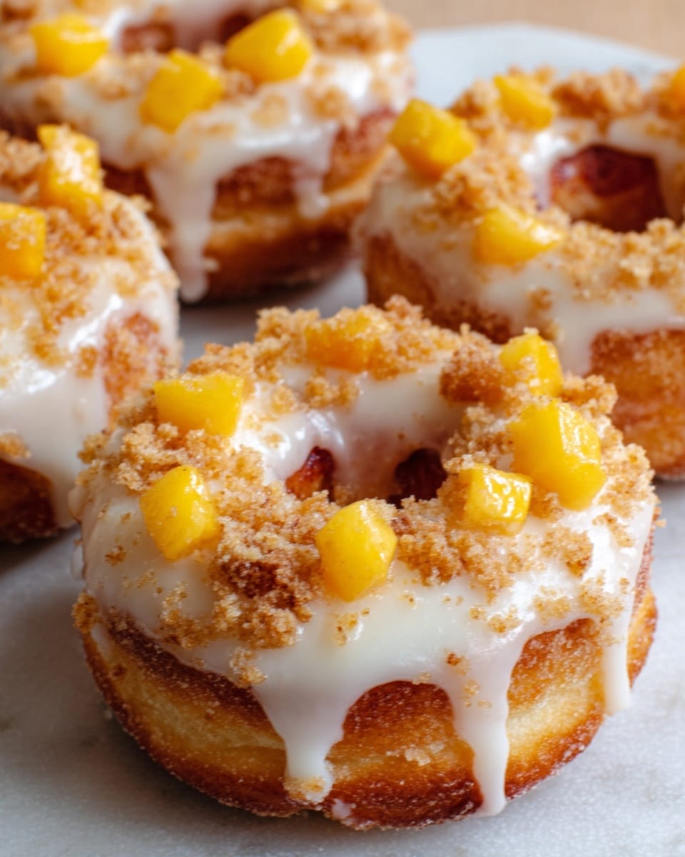 The image shows three round donuts with a crunchy golden-brown base, coated with sugar crumbs all around. Each donut has a thick layer of smooth white icing that drips slightly down the sides. On top of the icing, there are small chunks of yellow fruit, likely mango, and more crumbly golden topping scattered unevenly. The donuts rest on a wooden surface with a white marbled texture visible in the background. Photo taken with an iphone --ar 4:5 --v 7