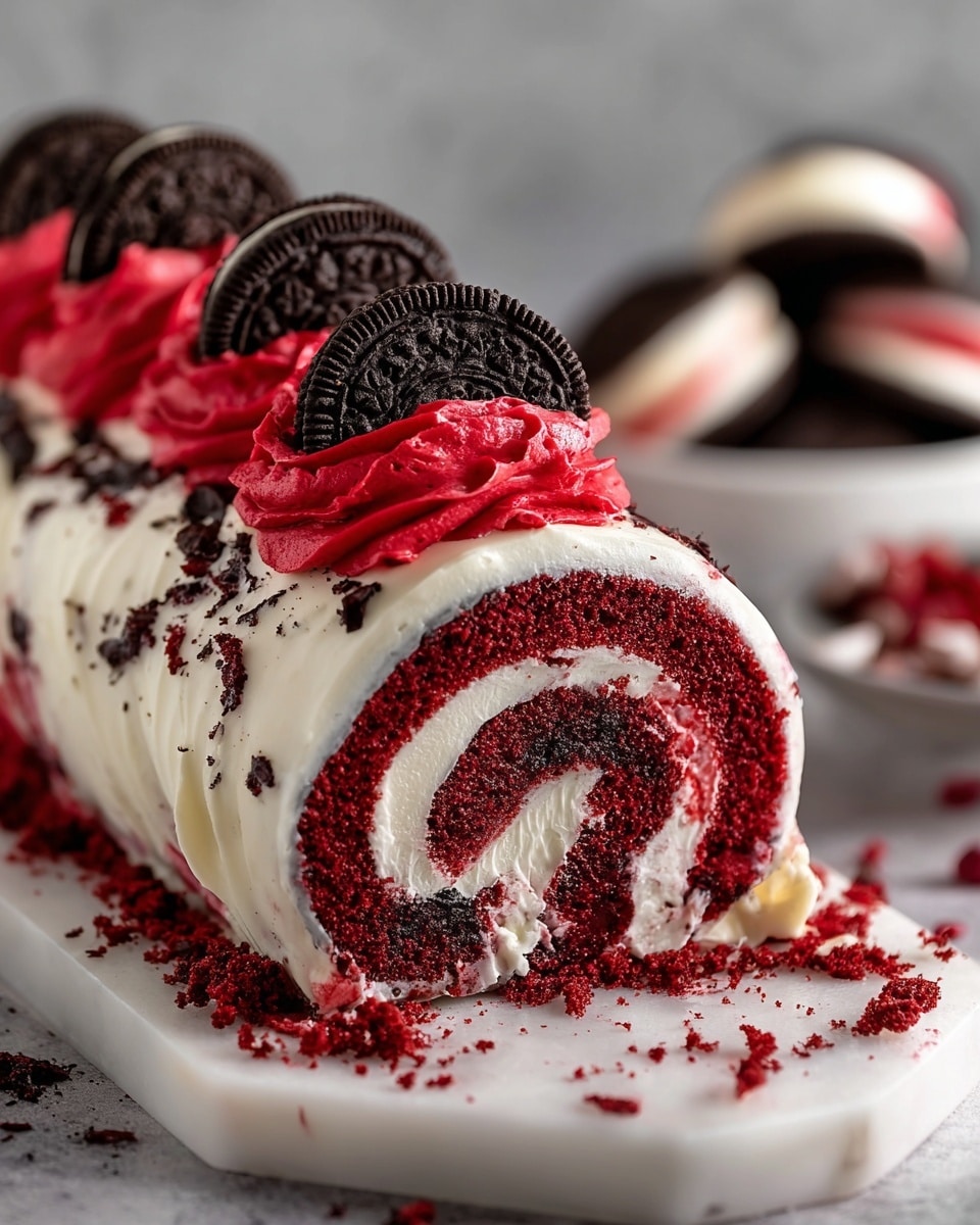 A rolled cake sliced to show five visible layers inside: a deep red velvet cake layer with a soft, moist texture swirled with a white creamy frosting layer, creating a spiral effect. The outside of the roll is coated in smooth white icing with small dark crumbs scattered across it. On top of the roll, five distinct swirls of rich, dark red cream are evenly spaced, each topped with a whole dark chocolate sandwich cookie. The cake sits on a white marbled textured surface with red crumbs scattered around, and a blurred white bowl with more cookies in the background. photo taken with an iphone --ar 4:5 --v 7