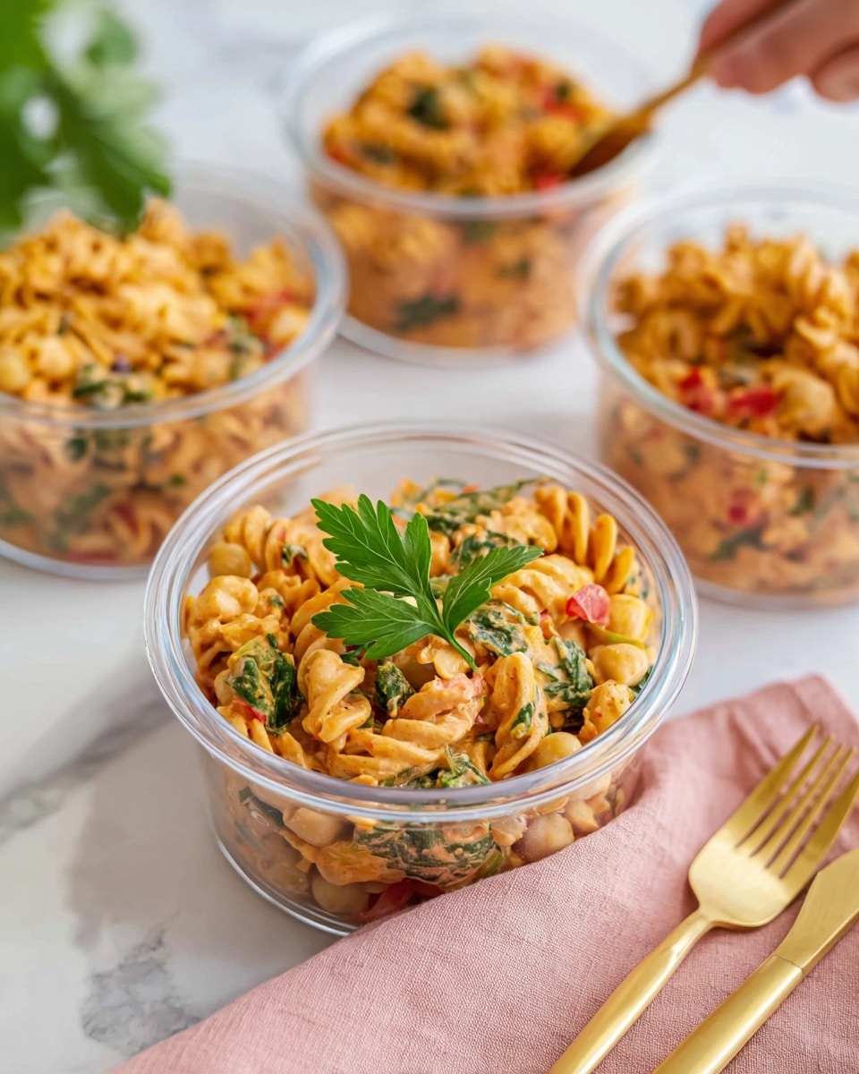Three clear glass bowls sit on a white marbled surface, each filled with creamy, orange-colored pasta salad. The pasta is spiral-shaped and mixed with pieces of green spinach leaves, small yellow pepper slices, and bits of red vegetable. The creamy sauce coats all the ingredients, giving the dish a smooth, rich texture. Near the bottom left corner, a bunch of fresh green parsley leaves peeks into the frame. The photo taken with an iphone --ar 4:5 --v 7