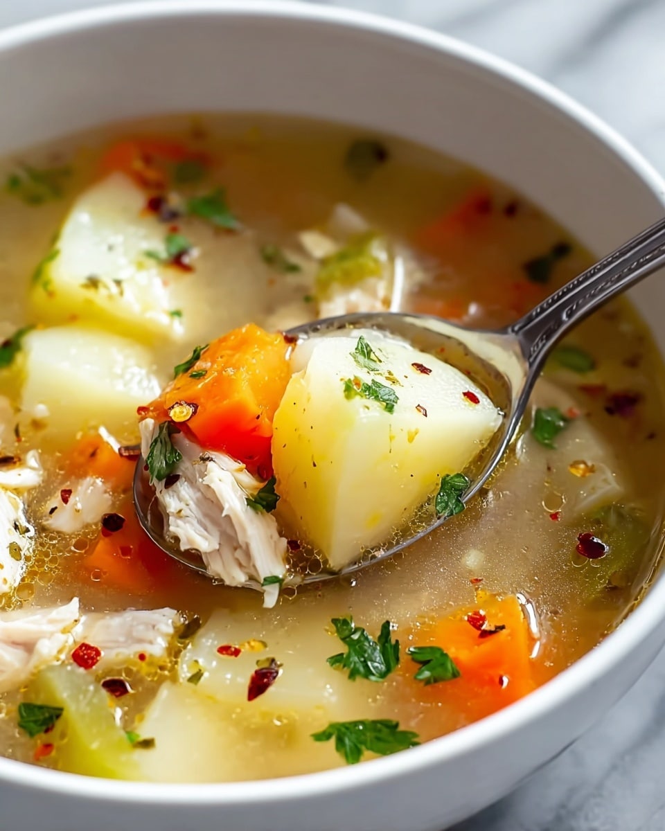 A close-up view of a white bowl filled with clear chicken soup that has small pieces of white chicken, light yellow potato chunks, orange carrot slices, and pale green celery pieces. The soup is garnished with small green parsley leaves and specks of black pepper and red chili flakes scattered throughout the broth. A silver spoon inside the bowl holds a piece of chicken and a potato chunk, showing the soft texture of both. The bowl sits on a white marbled surface. Photo taken with an iphone --ar 4:5 --v 7