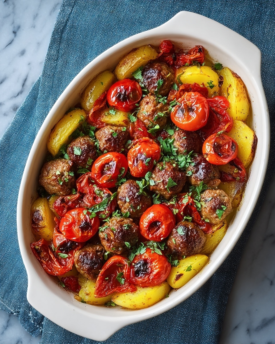 A white oval dish filled with three main layers: at the bottom, there are cooked yellow potato wedges with a soft, slightly browned texture; the middle layer consists of small, browned meatballs evenly spread throughout; the top layer has a mix of roasted red tomato slices and whole small cherry tomatoes, all garnished with chopped green herbs scattered over the dish. The dish sits on a blue cloth over a white marbled surface. photo taken with an iphone --ar 4:5 --v 7