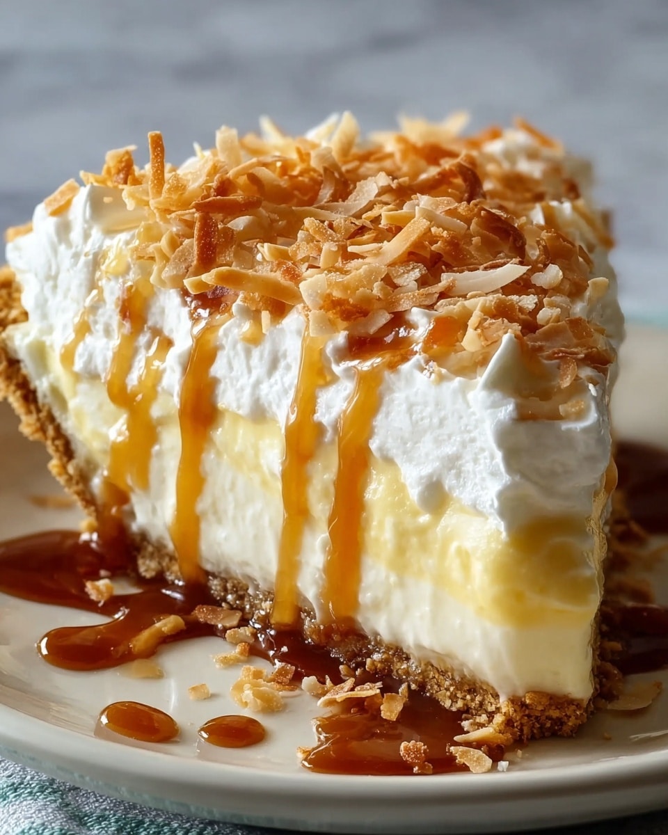 A close-up of a slice of pie on a white plate set on a white marbled texture, showing three distinct layers: a light brown crumbly crust at the bottom, a thick creamy yellow filling above it, and a fluffy white whipped cream layer on top. The pie is garnished with toasted golden-brown shredded coconut sprinkled over the whipped cream, and thick caramel sauce drizzled generously over the entire slice, with some caramel pooling slightly on the plate. photo taken with an iphone --ar 4:5 --v 7
