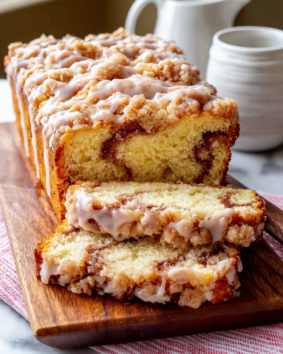 A sliced loaf of cinnamon coffee cake sits on a wooden board, showing three visible layers: a soft, light yellow cake base, a middle swirled layer of dark brown cinnamon sugar, and a crumbly golden brown streusel topping. The top is drizzled with a white glaze that flows down the sides, adding a shiny finish. The texture of the cake looks moist and fluffy, and the streusel topping is crumbly and crunchy. The background has a white marbled texture and a blurred white pitcher with a red-striped cloth. photo taken with an iphone --ar 4:5 --v 7