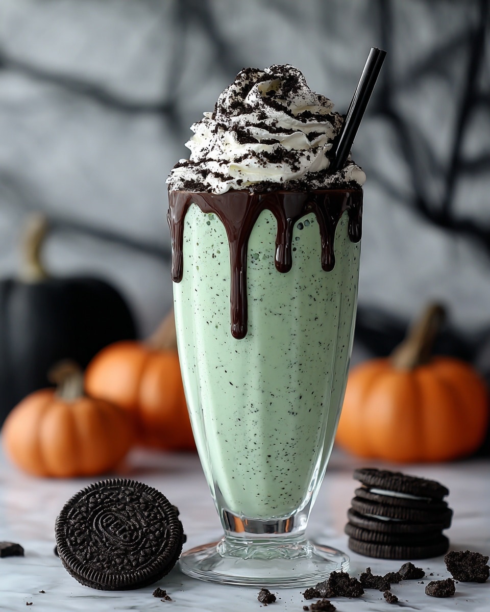 A tall glass filled with a light green mint milkshake that has small dark cookie bits mixed inside, the glass rim is dripping with dark brown chocolate syrup. On top, there is a large swirl of white whipped cream sprinkled with crushed dark chocolate cookie crumbs. A black straw is placed diagonally on the left side. Around the base of the glass on a white marbled surface, several whole and crushed dark chocolate sandwich cookies are scattered. In the blurred background, there are two small pumpkins, one orange and one black, with some gray spider web decorations. photo taken with an iphone --ar 4:5 --v 7