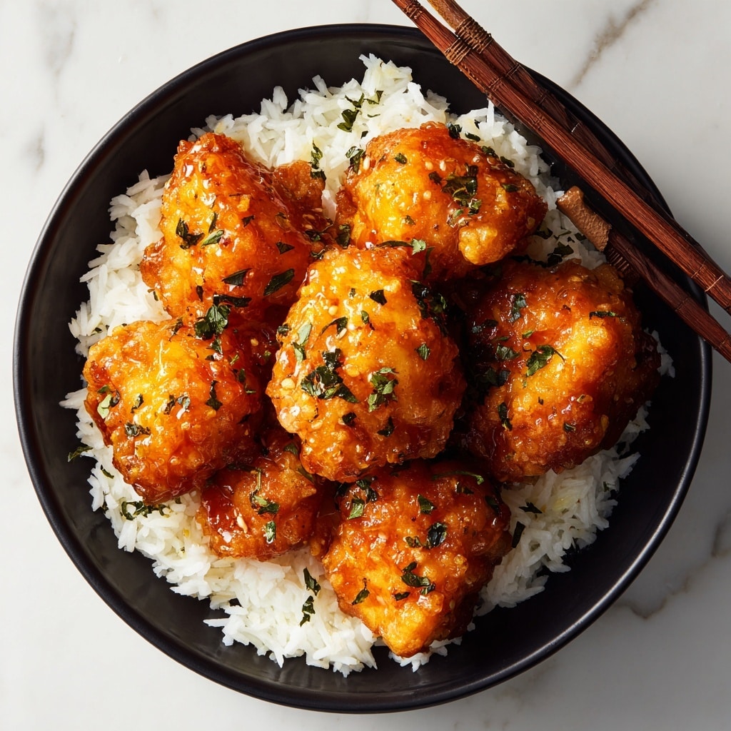 The image shows a close-up of many golden brown, crispy fried chicken pieces covered in a shiny, sticky orange glaze sauce. The chicken pieces are arranged closely inside a black pan, with small green herb bits sprinkled on top, adding a touch of color. The texture of the chicken is crunchy with the sauce making them look glossy and appetizing. The background is not visible as the focus is on the coated chicken pieces. Photo taken with an iphone --ar 4:5 --v 7