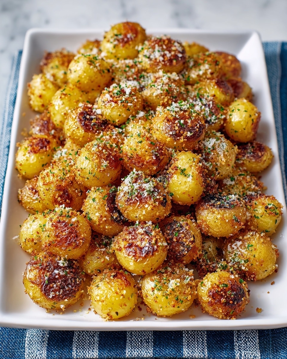 The image shows a white rectangular dish filled with small golden-yellow roasted potatoes, each one coated with a crispy, browned, and slightly charred crust. The potatoes are seasoned with a mix of coarse spices and finely chopped green herbs scattered evenly over the top, giving a textured look with flecks of green and reddish-brown. The dish rests on a blue and white striped cloth on a white marbled surface, creating a clean background that highlights the warm, crispy potatoes. Photo taken with an iphone --ar 4:5 --v 7