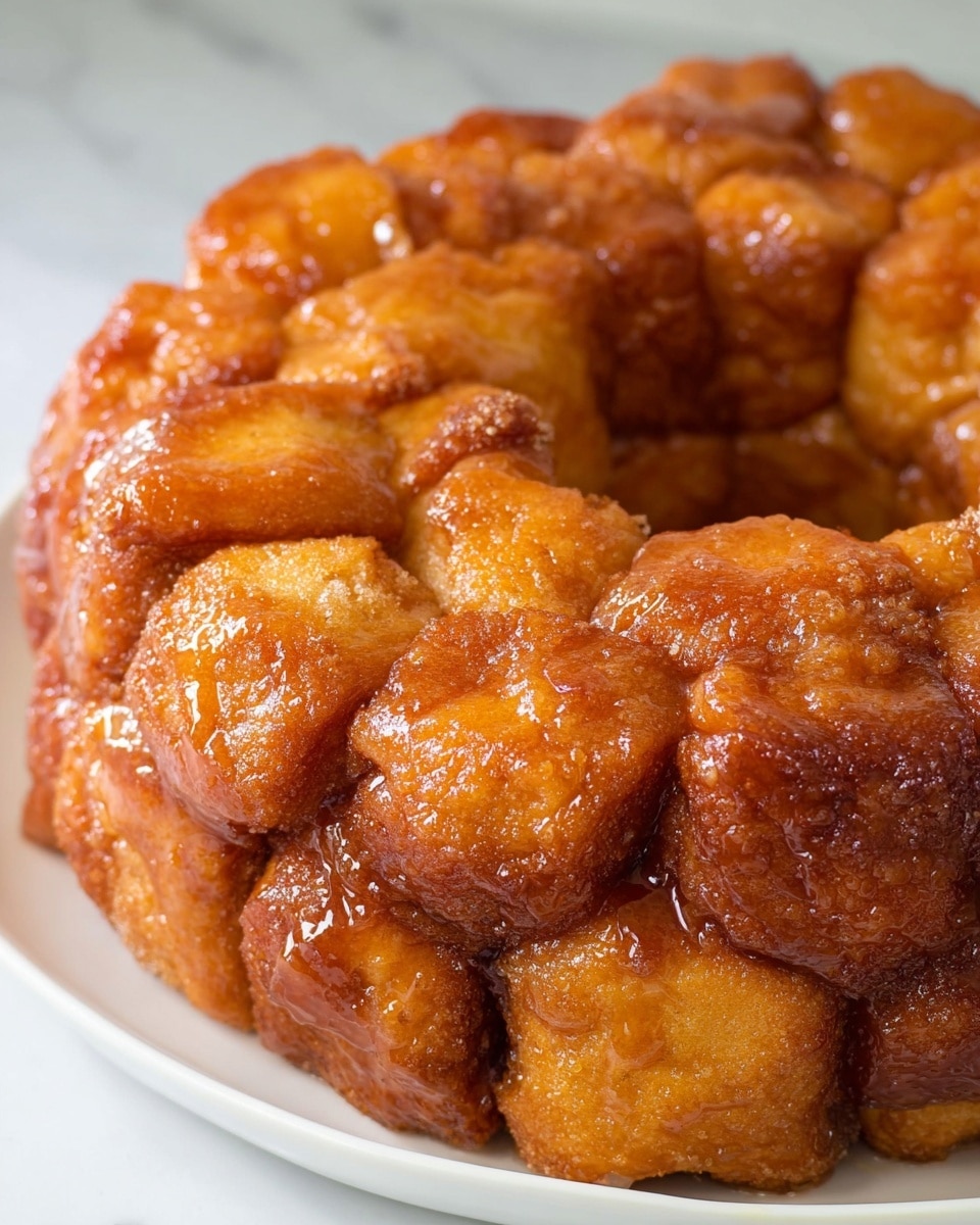 A close-up view of a monkey bread baked in a ring shape with many small, round pieces stacked closely to form a thick circle. Each piece has a golden-brown, shiny surface with a slightly sticky texture from the glaze. The bread shows soft and fluffy inner parts with a darker crust, and some sugary bits tasting like cinnamon are visible. The monkey bread sits on a white plate over a white marbled surface. photo taken with an iphone --ar 4:5 --v 7