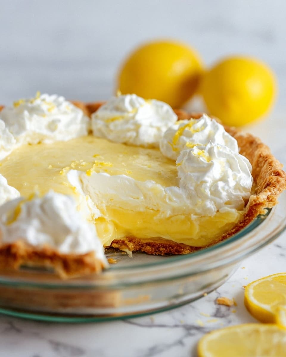 A lemon pie is shown in a clear glass pie dish on a white marbled surface. The pie has three main layers: a golden brown flaky crust on the outside, a thick, smooth pale yellow lemon filling in the middle, and fluffy white whipped cream swirled on top along the edge. A couple of dollops of whipped cream are larger and placed nearer the front. Two whole yellow lemons are blurred in the background with one lemon slice visible at the bottom right corner. The filling has a soft, slightly textured look where a slice has been taken out, revealing the layers. Photo taken with an iphone --ar 4:5 --v 7