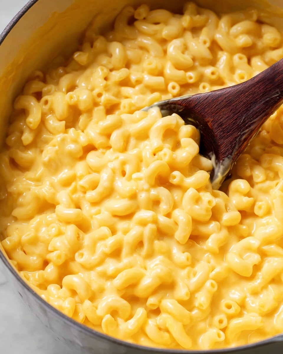 A close-up image of creamy macaroni and cheese showing about two layers: the base layer is elbow-shaped pasta, pale yellow and soft-looking, covered evenly by a thick, smooth, and shiny bright yellow cheese sauce, giving the dish a rich, creamy texture. A dark wooden spoon is partially lifted from the mixture, slightly submerged and scooping a small portion of the cheesy pasta. The entire dish is in a white pot, set against a white marbled surface. photo taken with an iphone --ar 4:5 --v 7