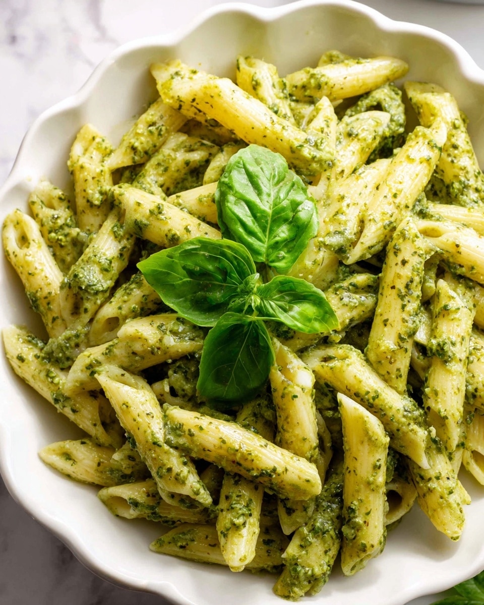 A white bowl filled with about two layers of penne pasta coated in a thick green pesto sauce, making the pasta look shiny and textured. On top of the pasta, there are three fresh, bright green basil leaves placed in the middle. A silver fork is stuck into the pasta from above, its tines covered in pesto. In the background, there is a blurred bottle of golden olive oil, and in the foreground, a block of pale yellow cheese sits out of focus on a white marbled surface. photo taken with an iphone --ar 4:5 --v 7