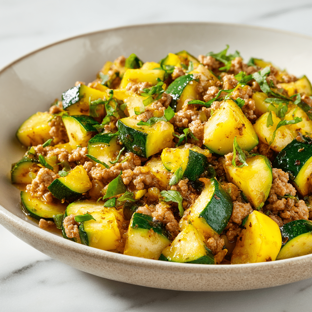The image shows a close-up of cooked ground meat mixed with yellow and green zucchini pieces. The ground meat is brown and crumbly, evenly mixed with chunky zucchini slices that have soft edges, showing a cooked texture. Small bits of green herbs are scattered throughout, adding freshness and a slight contrast to the overall warm colors. The dish is set on a white marbled surface. photo taken with an iphone --ar 4:5 --v 7