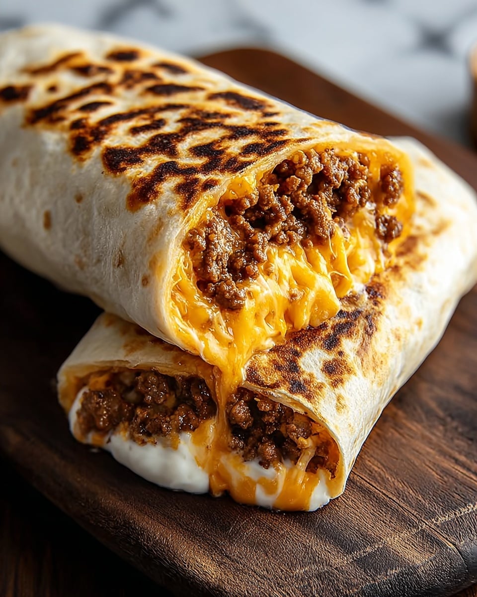 A close-up view of a burrito cut in half, showing three main layers inside gently spilling out. The outer layer is a toasted light beige tortilla with dark brown char marks creating a patterned texture. Inside, the middle layer is a gooey melted orange cheese stretching in strings, surrounding a filling of seasoned cooked ground beef in small crumbly dark brown pieces. Near the bottom inside, there is a creamy white layer of sour cream adding a soft texture. The burrito rests on a dark wooden board with a blurred white marbled texture in the background. photo taken with an iphone --ar 4:5 --v 7