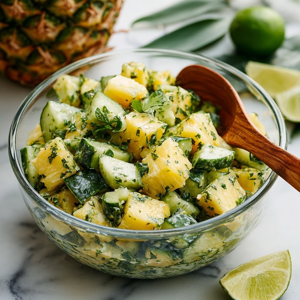 A clear glass bowl filled with a pineapple cucumber salad sits on a white marbled surface, showing a mix of chunky yellow pineapple pieces and light green cucumber cubes mixed with green herbs. Lime wedges with a rich green color are placed inside and around the bowl, adding fresh bright touches. A wooden spoon dips into the salad from the right side. Behind the bowl, a whole pineapple and blurred green leaves add depth to the scene. The salad looks fresh, juicy, and colorful with layers of yellow, light green, and dark green. Photo taken with an iphone --ar 4:5 --v 7