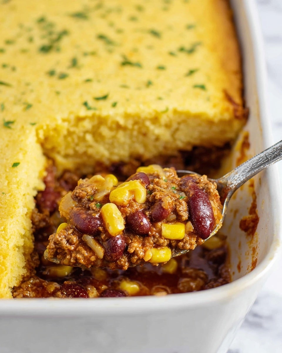 A close-up image of a white rectangular baking dish filled with a layered casserole. The top layer is a smooth, slightly golden yellow cornbread crust sprinkled with small green herbs. Below it, a thick filling of cooked ground beef mixed with red kidney beans, yellow corn kernels, and diced onions can be seen. This bottom layer looks moist and rich, with a reddish-brown sauce binding the ingredients. A silver spoon is scooping out a portion from the dish, showing both layers clearly. The dish is placed on a white marbled surface. Photo taken with an iphone --ar 4:5 --v 7