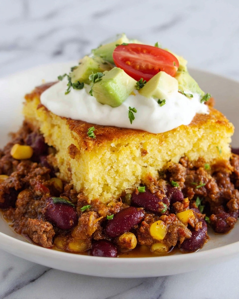 A close-up view of a layered dish on a white plate, with the bottom layer consisting of cooked ground meat mixed with red kidney beans and yellow corn, creating a rich brown and purple textured base. On top of this, there is a thick, golden-yellow cornbread layer with a slightly crumbly surface. Above the cornbread is a generous dollop of smooth, white sour cream. The dish is garnished with small chunks of green avocado, a halved red cherry tomato placed in the center, and tiny green herb pieces scattered around. The background features a white marbled texture. Photo taken with an iphone --ar 4:5 --v 7