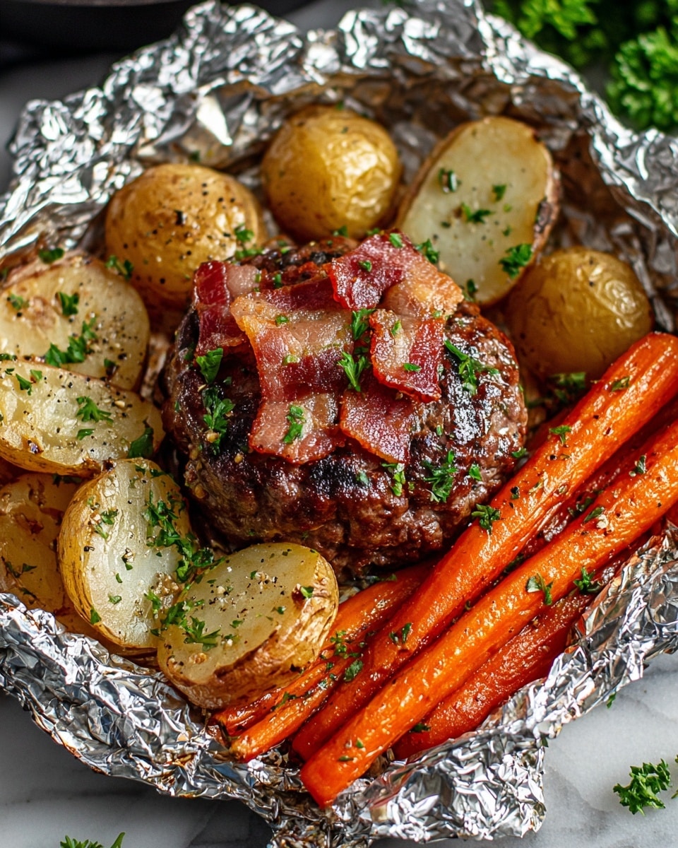 The image shows a foil-lined container holding a juicy, grilled beef patty topped with crispy bacon strips and sprinkled with chopped parsley. Surrounding the patty are golden roasted potato halves, some with skin speckled with pepper and garnished with chopped parsley. Bright orange roasted baby carrots are placed on one side, showing a slight glaze and a sprinkle of herbs. The foil has a crumpled texture, reflecting light, and the entire dish sits on a white marbled surface, with some parsley scattered around for decoration. photo taken with an iphone --ar 4:5 --v 7
