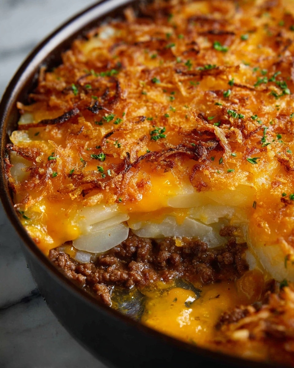This close-up image shows a baked dish with three visible layers. The bottom layer is made up of browned ground meat, cooked with a slightly crumbly texture and deep brown color. On top of that is a layer of sliced potatoes, creamy white and soft-looking, arranged evenly. The final layer on top is melted bright orange cheddar cheese, gooey with a few golden browned spots where it has cooked more. Sprinkled on the cheese are crispy, twisted, thin fried onions with a crunchy texture and light brown color. Tiny green herb bits are scattered lightly over the top, adding a touch of fresh color to the warm dish. The dish is presented close-up on a white marbled surface. photo taken with an iphone --ar 4:5 --v 7