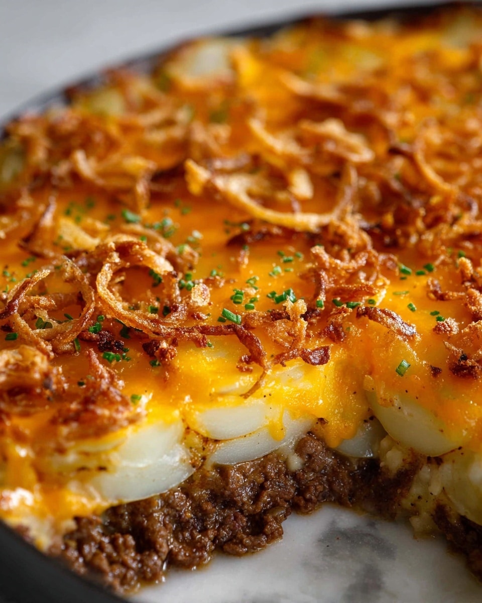 A close-up view of a layered dish in a dark pan with a crispy top layer of golden brown fried onions, sprinkled lightly with green herbs. Below this crunchy layer is a melted cheddar cheese layer with a bright, shiny, orange-yellow color. Under that, there is a layer of thin white potato slices, visible around the edges, mixed with browned ground meat that has a rich brown color. The layers create a textured, hearty look with contrasting colors of golden, orange, white, and brown, all sitting on a white marbled texture surface. photo taken with an iphone --ar 4:5 --v 7