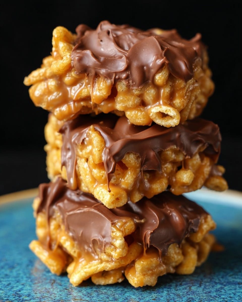 The image shows a stack of three round treats made of golden cereal pieces stuck together with a light caramel-like glue, each layered with thick, smooth, dark brown chocolate drizzled over the top and sides. The cereal pieces are square with a textured surface, clumped closely in each treat, creating a rough, crunchy look. The treats are placed one on top of the other on a white plate with a vivid blue pattern, set against a plain black background, highlighting the rich colors and shiny textures of the chocolate and caramel. Photo taken with an iphone --ar 4:5 --v 7