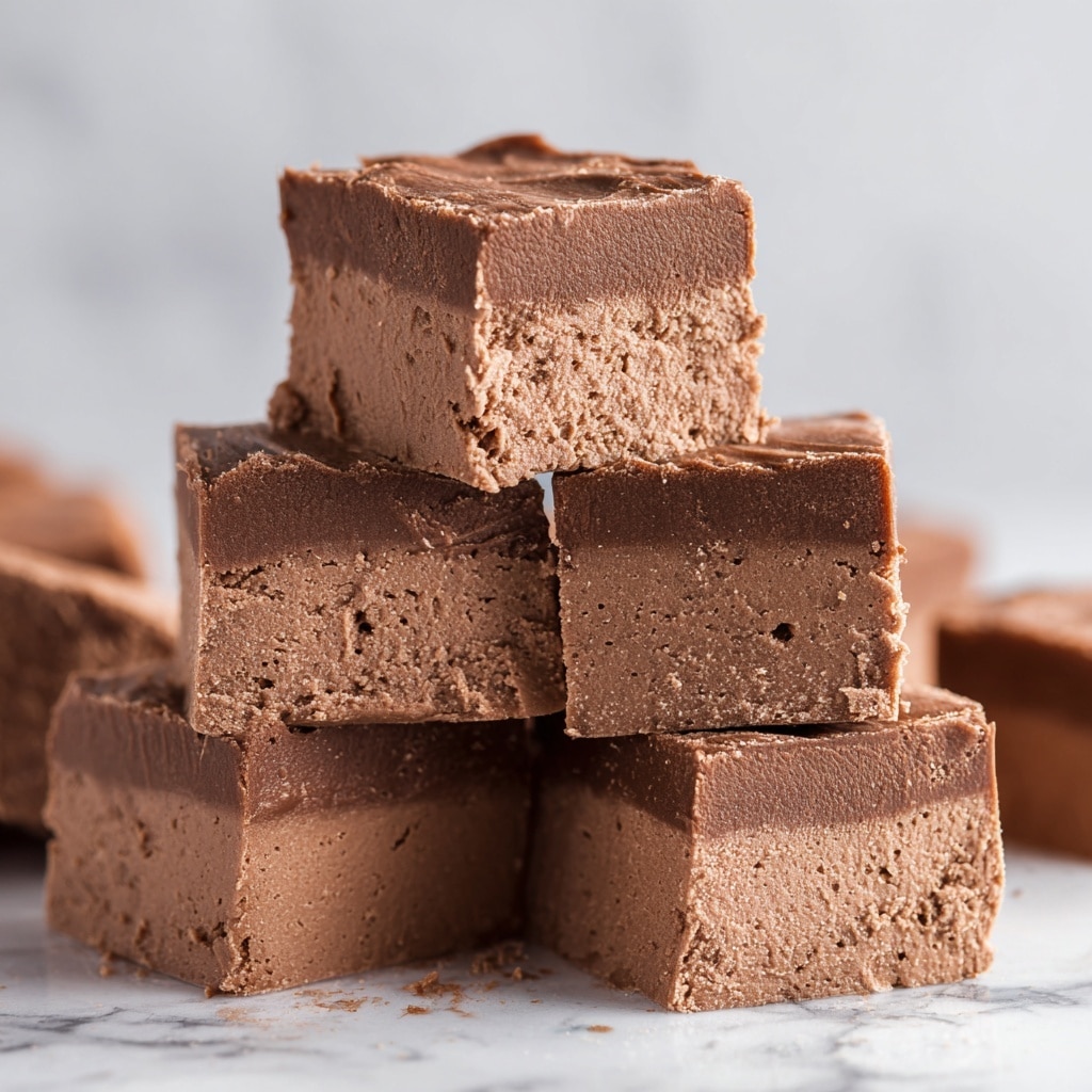 The image shows several pieces of low carb cream cheese fudge stacked on a white surface with a white marbled texture. Each piece is a thick square with smooth, creamy chocolate brown layers. The fudge appears soft with a slightly firm outer edge and a lighter brown, spongy, and dense inner texture. The surface of the fudge is smooth with small air holes visible inside. The pieces are arranged slightly unevenly, showcasing their thickness and texture clearly. Photo taken with an iphone --ar 4:5 --v 7