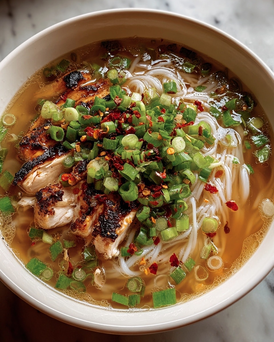 A white bowl filled with clear broth showing a base layer of white, thin noodles spread evenly. On top, there are pieces of grilled chicken with a golden-brown charred texture, slightly stacked in the center. Scattered over the chicken and noodles are bright green, sliced scallions and small red chili flakes adding contrast. The bowl is placed on a white marbled surface, capturing a close-up view that highlights the soup's warm and inviting colors and textures. Photo taken with an iphone --ar 4:5 --v 7