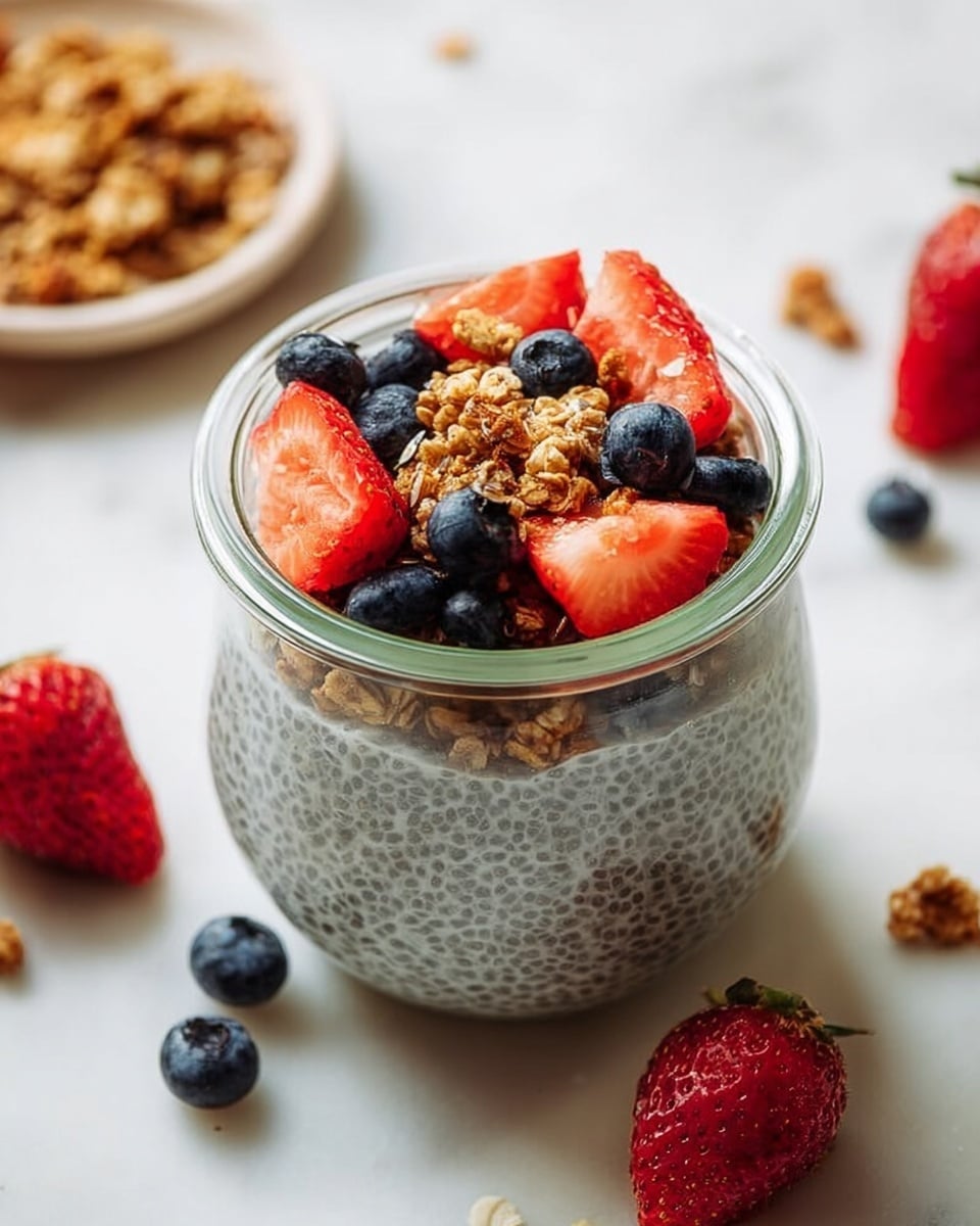 A clear glass jar filled with one main layer of creamy, speckled grey chia pudding topped with mixed fresh fruits and granola; the top layer features vibrant red sliced strawberries, plump dark blue blueberries, and crunchy light brown granola pieces scattered evenly. The jar sits on a white marbled surface with additional strawberries and blueberries placed around it, creating a fresh and colorful scene. Photo taken with an iphone --ar 4:5 --v 7