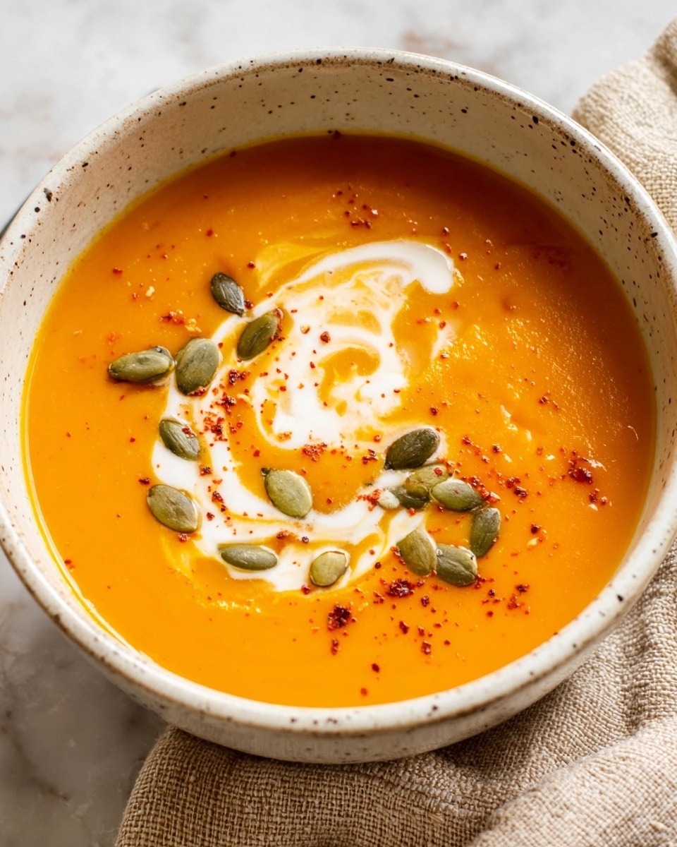 A white speckled bowl holds one layer of smooth, bright orange pumpkin soup. On top, there is a swirl of white cream that looks soft and thin. Scattered around the cream are green pumpkin seeds and small spots of red spice powder spread across the soup’s surface. The bowl sits on a white marbled textured surface with a beige textured cloth nearby. photo taken with an iphone --ar 4:5 --v 7