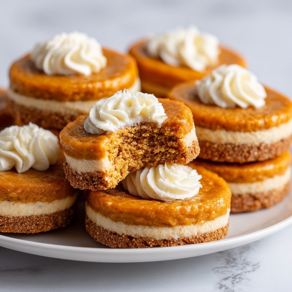 A stack of round pumpkin pie cookies is placed on a white plate on a white marbled surface. Each cookie has three visible layers: a light golden beige cookie base on the bottom, a smooth, glossy orange pumpkin filling in the middle that is slightly sunken in the center, and a small swirl of white cream piped neatly on top of the pumpkin layer. One cookie in the front shows a bite taken out, revealing the distinct layers clearly with soft, crumbly texture on the edge of the cookie and a dense pumpkin filling. The plate holds eight cookies, some overlapping, showing their uniform shape and size. photo taken with an iphone --ar 4:5 --v 7