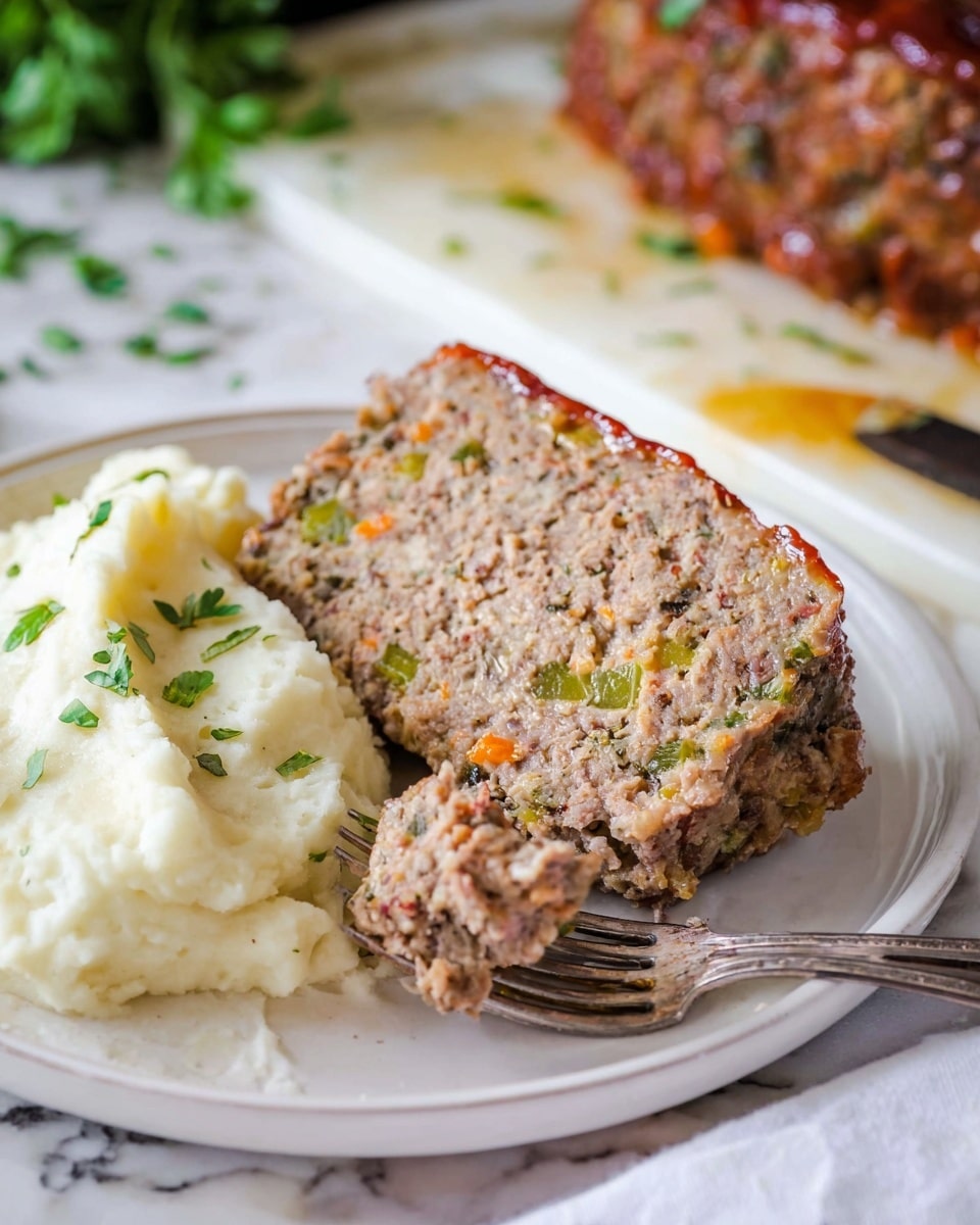 The image shows two thick slices of meatloaf on a white plate with a white marbled surface under it. The meatloaf looks moist and crumbly with a mix of brown and light tan colors, speckled with small green, yellow, and orange bits from vegetables inside. The top of the meatloaf has a slightly darker, glazed crust. Next to the meatloaf, there is a portion of creamy mashed potatoes with a smooth texture and a few small green parsley pieces on top. A silver fork appears at the bottom left corner, partially resting on the plate. Photo taken with an iphone --ar 4:5 --v 7