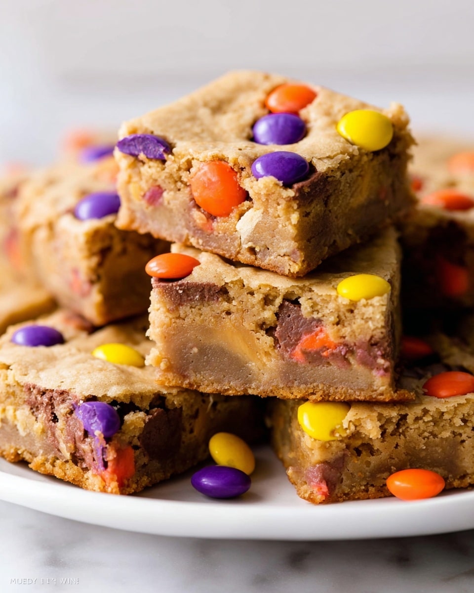 The image shows a stack of three thick, square blondies with a chewy texture, all layered on top of each other. The blondies have a warm golden-brown color with visible white chocolate chunks and colorful candy pieces embedded inside, showing orange, yellow, purple, and red colors. Around the stack, there are loose round candy pieces in the same colors scattered on a white marbled surface. The top blondie has a soft, crumbly crust with some candy pieces visible on the edges. In the background, more blondies are slightly out of focus, adding depth to the image. photo taken with an iphone --ar 4:5 --v 7