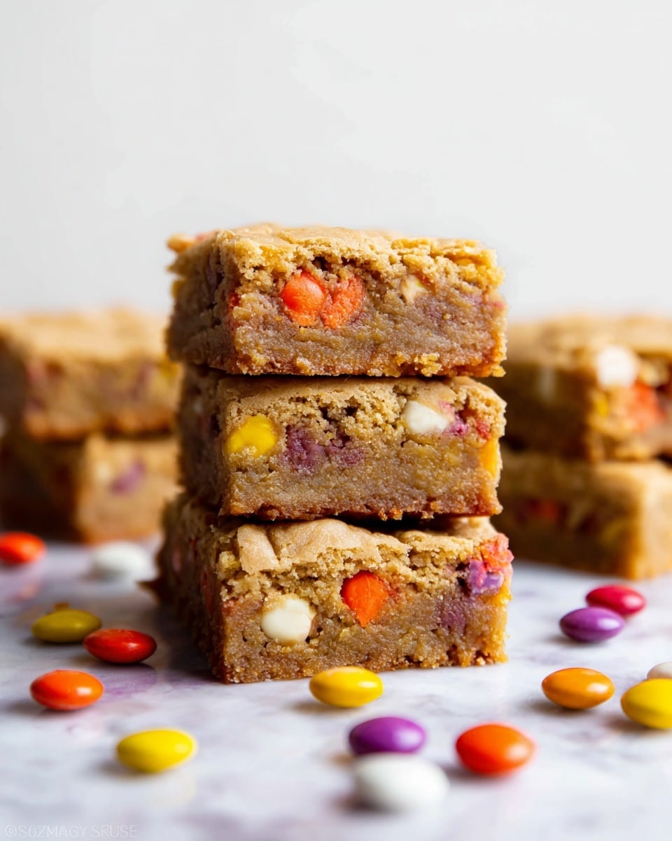 The image shows several thick, square blondie bars stacked on a white plate with a white marbled texture in the background. Each bar has a light brown, soft, slightly crumbly texture with visible cracks on the surface. Bright orange, yellow, and purple candy-coated chocolate pieces are embedded throughout the bars, some placed on top and some inside the blondie layers. The middle layer reveals pockets of creamy peanut butter, adding a swirled light tan color inside the blondie. The arrangement highlights the dense and chewy texture of the bars, with the candy pieces adding contrast and color. Photo taken with an iphone --ar 4:5 --v 7