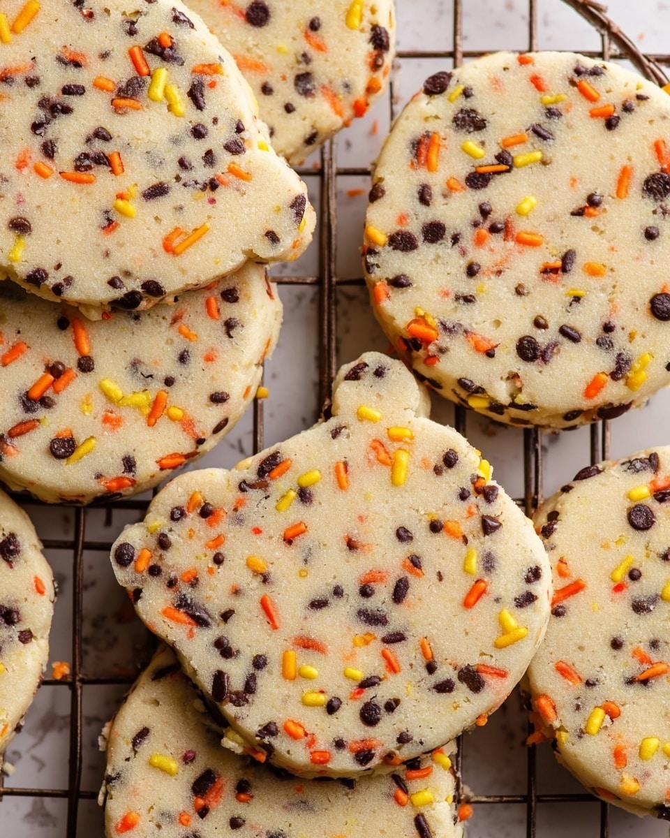 Several round and bear-shaped cookies sit on a cooling rack over a white marbled surface, each with a pale beige base speckled with small dark chocolate chips and orange, yellow, and brown sprinkles. The cookies have a slightly rough texture with a soft, baked look, and the sprinkles are spread evenly throughout, adding bright pops of color. The edges of the cookies are slightly golden, showing they are freshly baked. Photo taken with an iphone --ar 4:5 --v 7