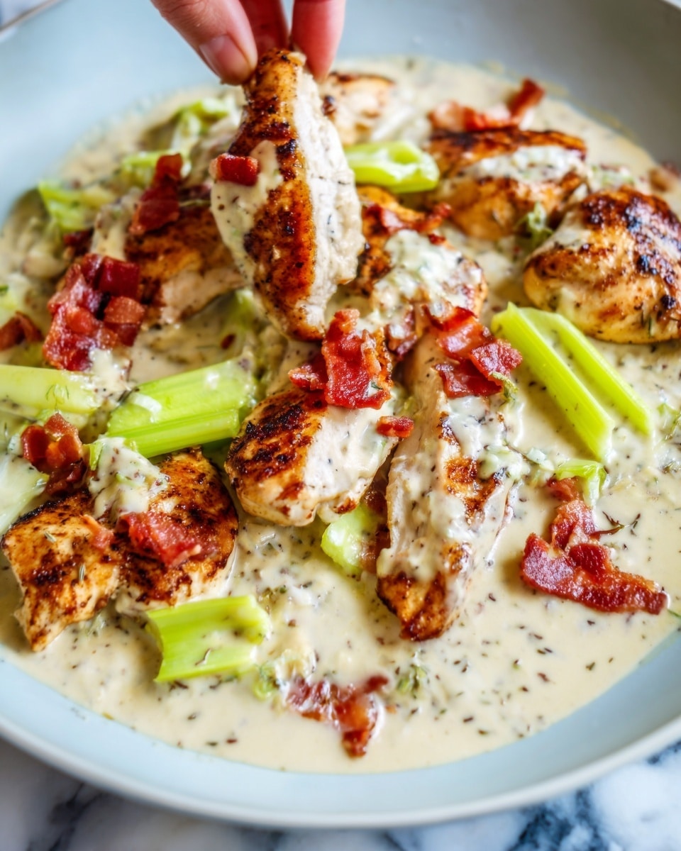 A white plate holds a creamy dish with several layers and colors. At the bottom, there is a thick, smooth, pale cream sauce. On top, there are pieces of grilled, golden-brown chicken with visible char marks, covered by small bright red chunks of lobster meat. Scattered across are thin, light green slices of celery or similar vegetable, adding texture and freshness. The dish looks rich and creamy with a mix of soft and slightly crisp elements. Photo taken with an iphone --ar 4:5 --v 7