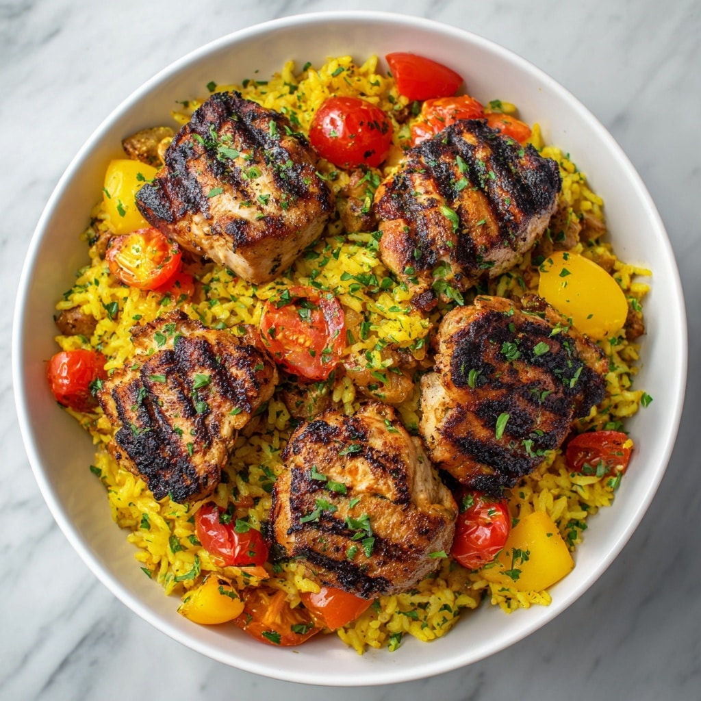 The image shows a white bowl filled with a colorful dish made of four grilled pieces of chicken on top of yellow rice mixed with small green herbs. Around the chicken, there are bright red cherry tomato pieces and yellow bell pepper chunks, creating a fresh look. The chicken pieces are nicely browned with some grill marks and sprinkled with green herbs. Everything sits on a white marbled surface. photo taken with an iphone --ar 4:5 --v 7