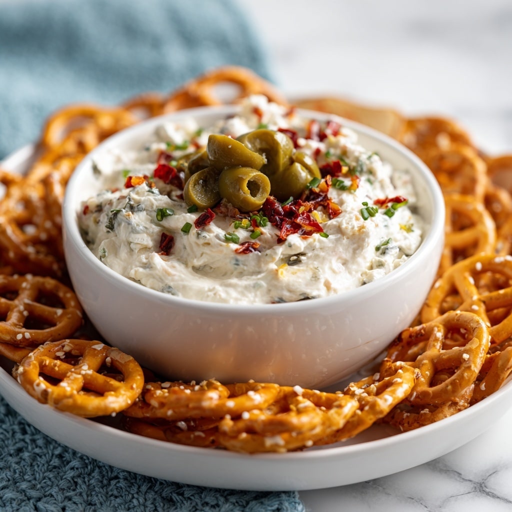 A white bowl filled with a thick, creamy white dip that has a slightly chunky texture from small bits mixed inside. The dip is topped with a generous layer of chopped green olives and small pieces of red pepper, scattered unevenly across the surface. The bowl sits on a white plate, which is surrounded by a ring of golden-brown pretzel chips that have a rough, bubbly texture with some broken pieces visible. The background shows a soft blue textured cloth and a white marbled surface. photo taken with an iphone --ar 4:5 --v 7