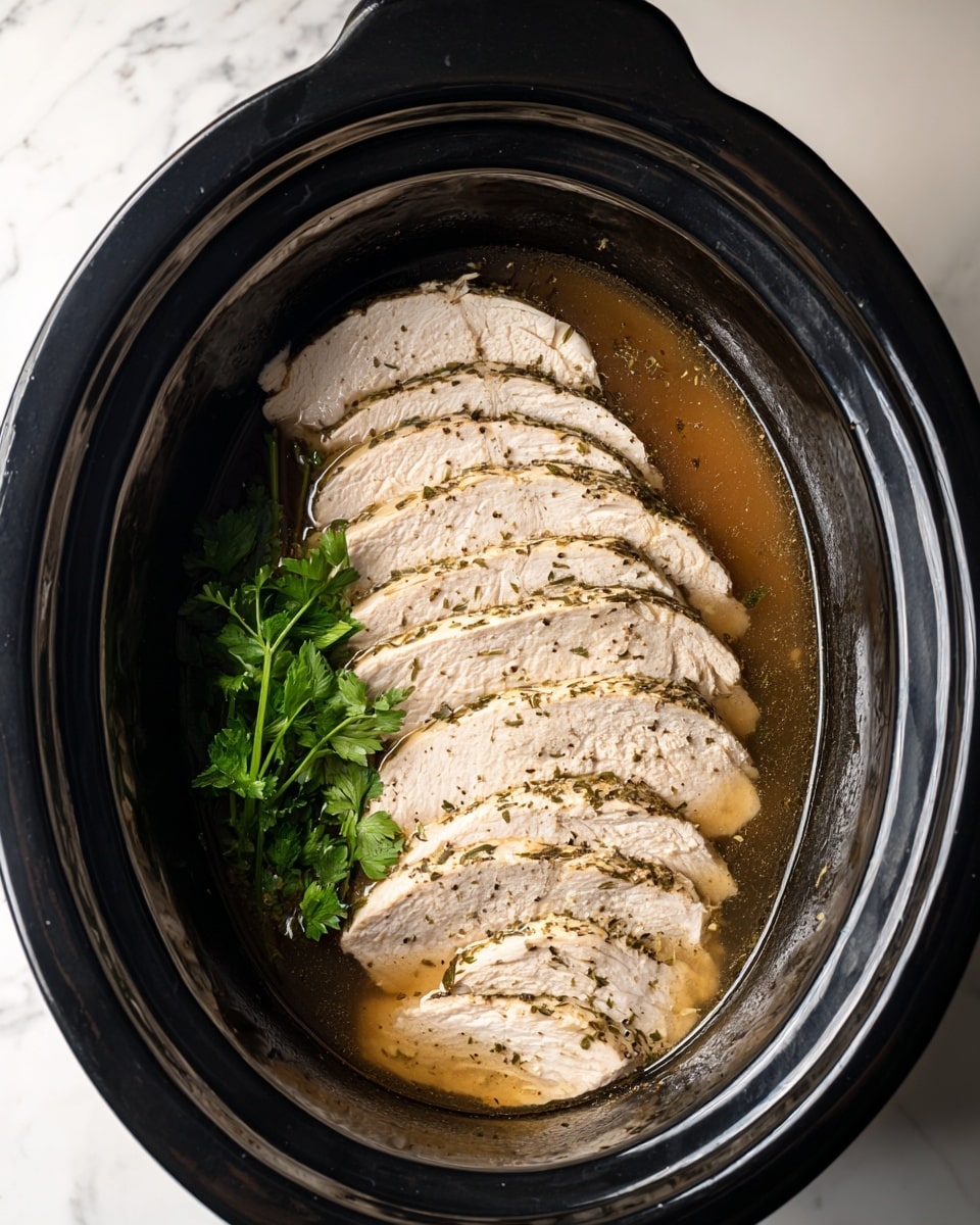 Inside a black slow cooker, there are seven slices of cooked turkey breast arranged in a neat row, slightly overlapping each other. The turkey is light beige with visible herbs and black pepper sprinkled on its surface. The slices rest in a thin layer of brownish broth or juice at the bottom of the cooker. To the left side of the meat, a small bunch of fresh green parsley adds a touch of color and freshness. The slow cooker sits on a white marbled surface. photo taken with an iphone --ar 4:5 --v 7
